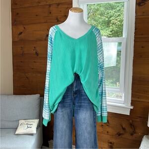 Amazon Green Teal Knit Plaid Long Sleeve Top Size 2X